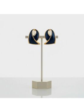 Vintage Monet Navy and Gold Enamel Pierced Earrings